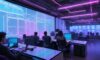 A diverse group of young professionals in a high-tech, neon-lit city office collaborating with holographic data displays and laptops.