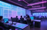 A diverse group of young professionals in a high-tech, neon-lit city office collaborating with holographic data displays and laptops.