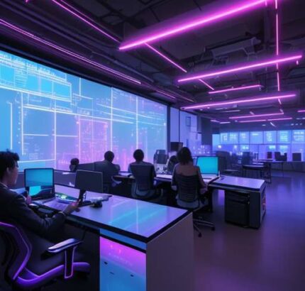A diverse group of young professionals in a high-tech, neon-lit city office collaborating with holographic data displays and laptops.