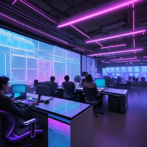 A diverse group of young professionals in a high-tech, neon-lit city office collaborating with holographic data displays and laptops.
