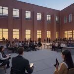 Students gathered in a courtyard at a modern university campus at dusk, blending traditional brick and glass architecture to symbolize the fusion of academic tradition and technological innovation in cybersecurity education.