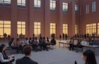 Students gathered in a courtyard at a modern university campus at dusk, blending traditional brick and glass architecture to symbolize the fusion of academic tradition and technological innovation in cybersecurity education.