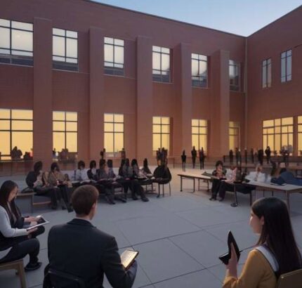 Students gathered in a courtyard at a modern university campus at dusk, blending traditional brick and glass architecture to symbolize the fusion of academic tradition and technological innovation in cybersecurity education.
