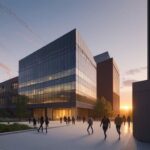 Students walking between modern brick and glass buildings on a vibrant university campus at sunset.