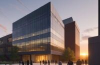 Students walking between modern brick and glass buildings on a vibrant university campus at sunset.