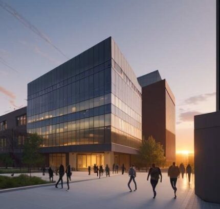 Students walking between modern brick and glass buildings on a vibrant university campus at sunset.