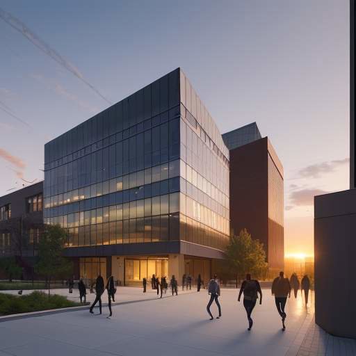 Students walking between modern brick and glass buildings on a vibrant university campus at sunset.