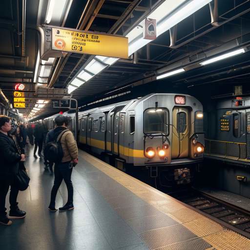 A motion-blurred New York City subway train arriving at a gritty, industrial platform where commuters with backpacks wait near yellow tactile strips.