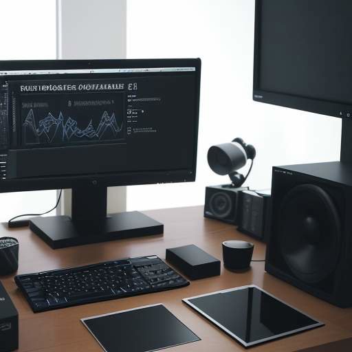 A professional high-end PC workspace with three monitors displaying 3D modeling software, a reference board, and a communication app, set in a moody, cinematic studio environment.