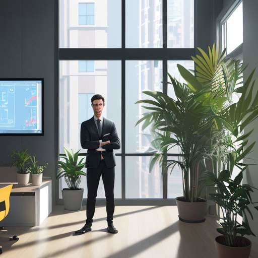 A young professional stands in a sunlit, modern coworking space, looking at a digital overlay of 3D data visualizations and interconnected nodes.