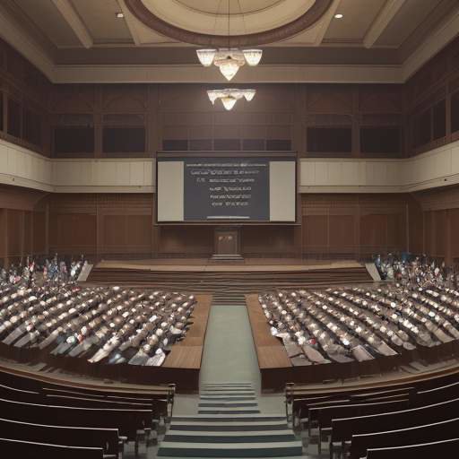 A professor stands at a wooden podium in a large, historic Indian university lecture hall, addressing a diverse audience of students while gesturing toward a large screen displaying complex information.