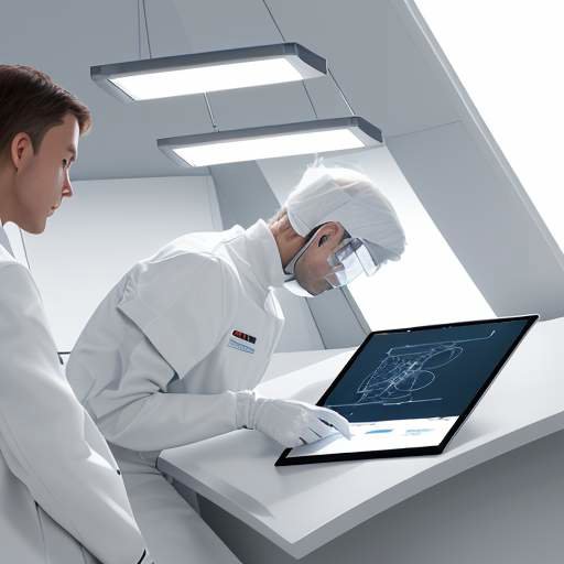 A researcher and a student collaborate in a high-tech laboratory, using a microscope and digital tablet among advanced scientific equipment.
