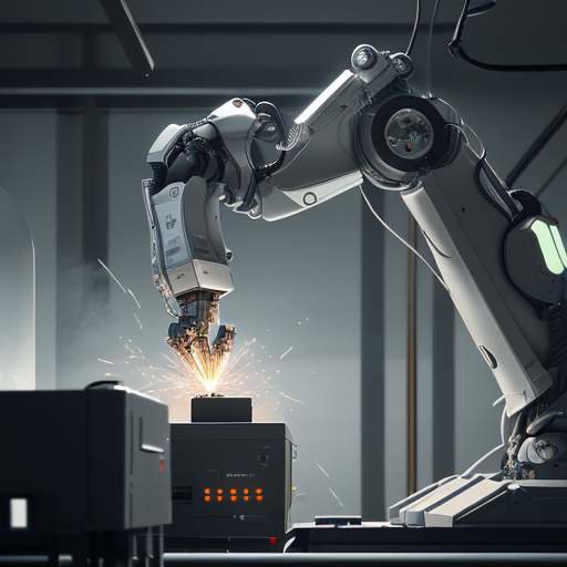 A scientist oversees a robotic arm assembling a medical device in a high-tech, industrial manufacturing facility.