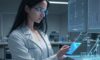 A focused young scientist in a modern laboratory examines declining data on a digital tablet, reflecting the challenges of research funding.