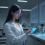 A focused young scientist in a modern laboratory examines declining data on a digital tablet, reflecting the challenges of research funding.