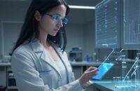 A focused young scientist in a modern laboratory examines declining data on a digital tablet, reflecting the challenges of research funding.