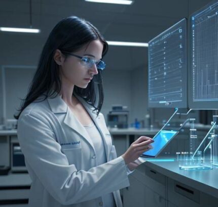 A focused young scientist in a modern laboratory examines declining data on a digital tablet, reflecting the challenges of research funding.