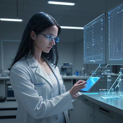 A focused young scientist in a modern laboratory examines declining data on a digital tablet, reflecting the challenges of research funding.