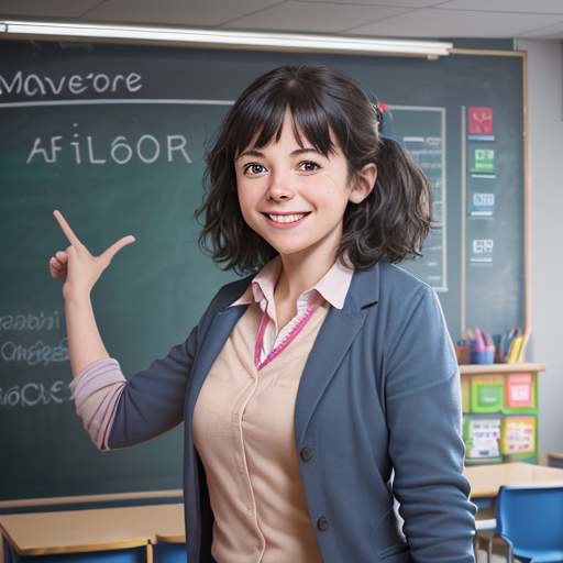 A smiling primary school teacher standing in a colorful classroom in front of a chalkboard that says "Innovation," surrounded by student artwork and learning stations.
