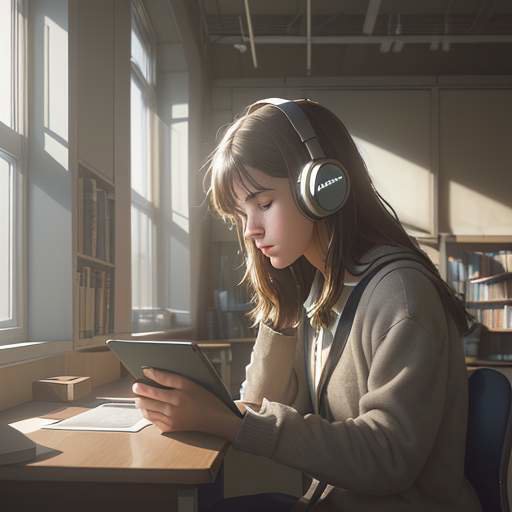 A student wearing headphones sits in a cozy library nook, looking at a tablet with an inspired expression as soft sunlight filters through the window.