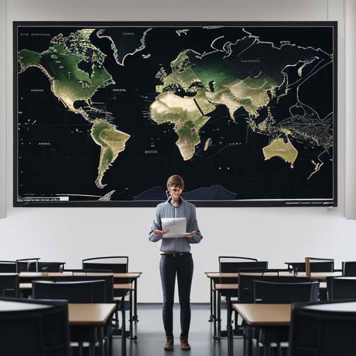 A student presents a project in a modern seminar room with industrial-chic decor, presenting data on a large digital screen to an attentive audience of students.