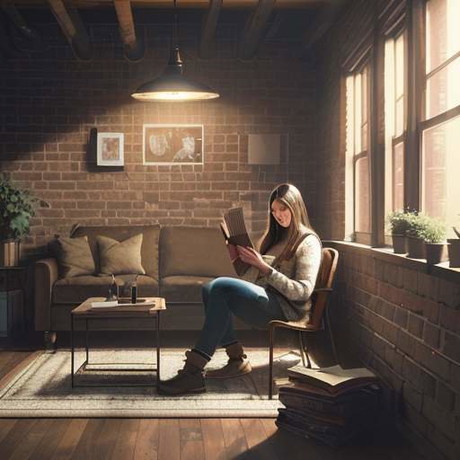 A student sits on a rug in a cozy New York apartment with exposed brick walls, reading a book under the warm glow of a floor lamp.