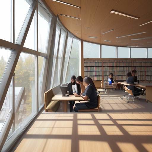 A student sits in a cozy, sunlit nook of a modern university library with a tablet and coffee, creating a peaceful atmosphere for study.