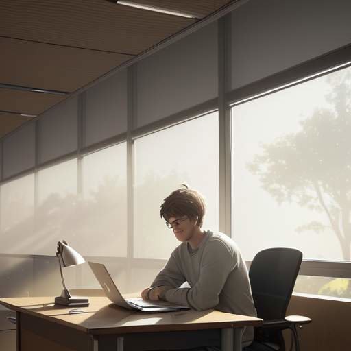 A focused college student studying calculus at a wooden desk in a sunlit, modern university library with textbooks and a laptop.