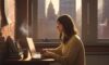 A student sits at a wooden desk in a sunlit New York City apartment, studying with a laptop and coffee near a large window overlooking the city skyline.