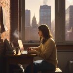 A student sits at a wooden desk in a sunlit New York City apartment, studying with a laptop and coffee near a large window overlooking the city skyline.