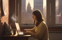 A student sits at a wooden desk in a sunlit New York City apartment, studying with a laptop and coffee near a large window overlooking the city skyline.