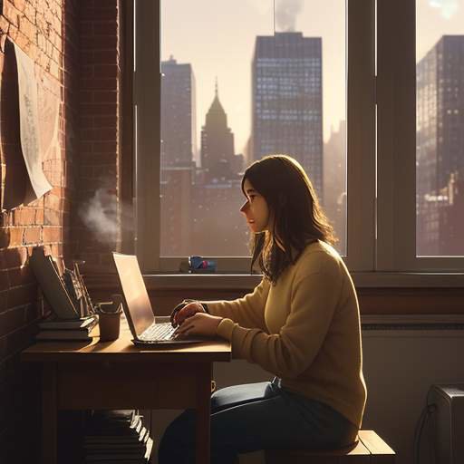 A student sits at a wooden desk in a sunlit New York City apartment, studying with a laptop and coffee near a large window overlooking the city skyline.