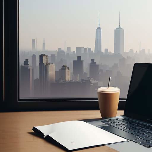 A student's hands typing on a laptop in a bustling cafe with a notebook, latte, and a blurred Manhattan skyline in the background.