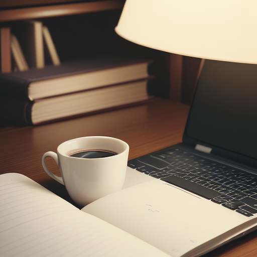 A student's hands typing on a laptop next to a steaming coffee cup and a notebook filled with French notes in a cozy, warmly lit library.