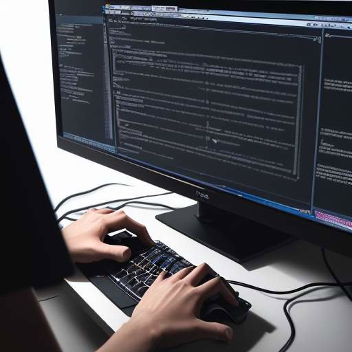 A close-up of a student's hands typing on a mechanical keyboard in a dimly lit room, with glowing monitors displaying complex code and data visualizations.
