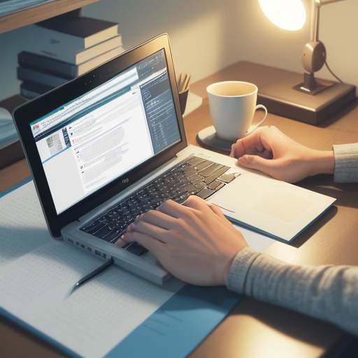 A close-up of a student's hands typing on a laptop showing a split screen of a study schedule and a research paper in a cozy, dimly lit room.