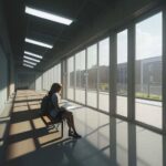 A student sits on a bench in a sunlit, modern high school hallway, focused intensely on a glowing laptop screen displaying a complex AI interface.