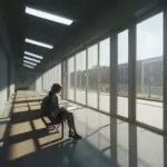 A student sits on a bench in a sunlit, modern high school hallway, focused intensely on a glowing laptop screen displaying a complex AI interface.