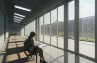 A student sits on a bench in a sunlit, modern high school hallway, focused intensely on a glowing laptop screen displaying a complex AI interface.