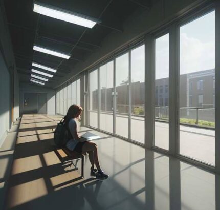 A student sits on a bench in a sunlit, modern high school hallway, focused intensely on a glowing laptop screen displaying a complex AI interface.
