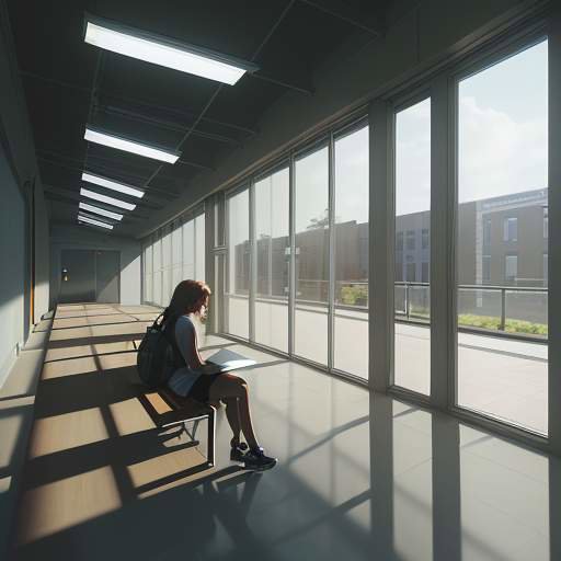 A student sits on a bench in a sunlit, modern high school hallway, focused intensely on a glowing laptop screen displaying a complex AI interface.