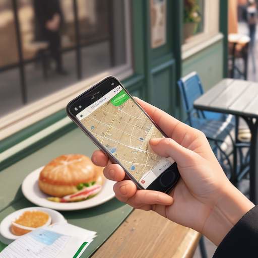 A student's hands hold a smartphone displaying a colorful map of Rome's neighborhoods in front of a blurred Italian cafe with a striped awning.