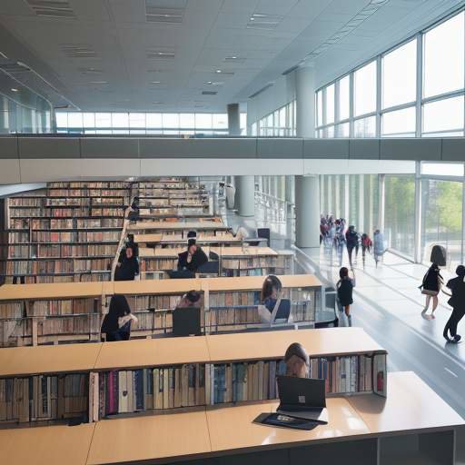 A student uses a tablet to view an interactive study roadmap in a bright, modern university library with bookshelves and large windows.