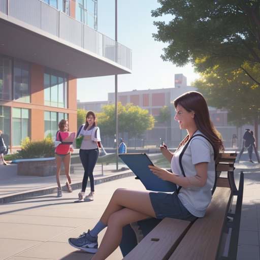 A student sits on a bench in a bright campus courtyard, smiling at a tablet displaying an organized calendar and a "Task Completed" notification while other students walk by in the background.
