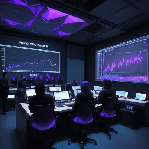 Students collaborate in a high-tech command center with glowing monitors and data visualizations, practicing teamwork and communication in a futuristic security operations environment.