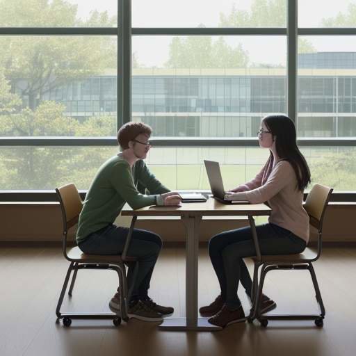 Two students sit at a wooden table in a modern library, collaborating and discussing work on a laptop in a warm, sunlit room.
