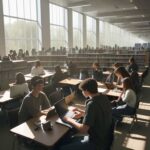 A diverse group of college students collaborating over laptops and tablets in a sunlit, modern university library surrounded by textbooks.