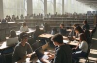 A diverse group of college students collaborating over laptops and tablets in a sunlit, modern university library surrounded by textbooks.