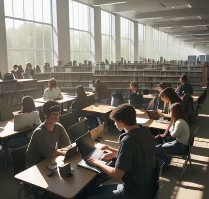 A diverse group of college students collaborating over laptops and tablets in a sunlit, modern university library surrounded by textbooks.