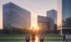 Diverse students walking toward a glowing digital portal with holographic data visualizations on a modern, high-tech university campus at sunset.